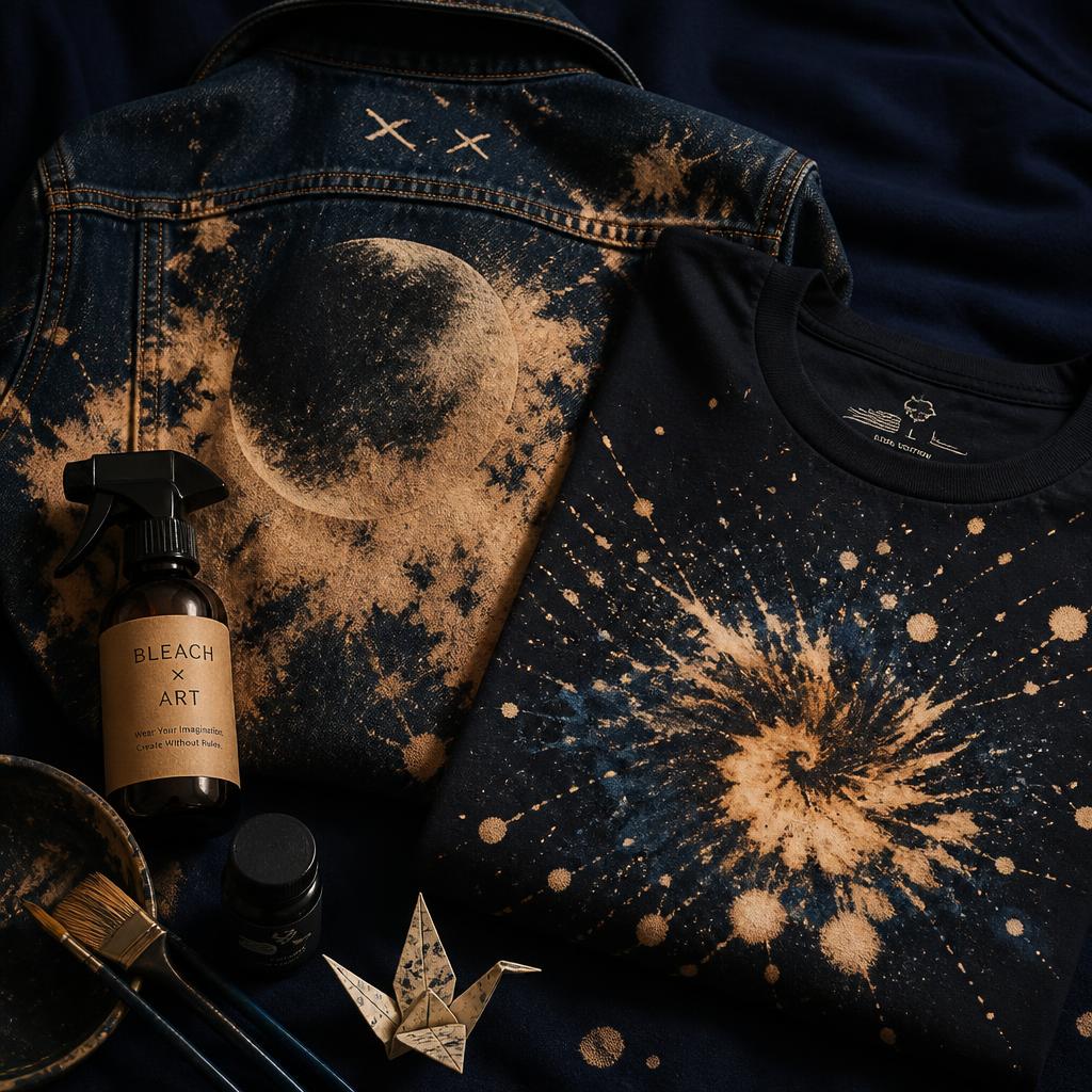 Denim jacket and black t-shirt showcasing hand-crafted bleach art clothing designs beside a Bleach x Art spray bottle, paint brushes, and a paper crane under warm gold light on a navy backdrop.
