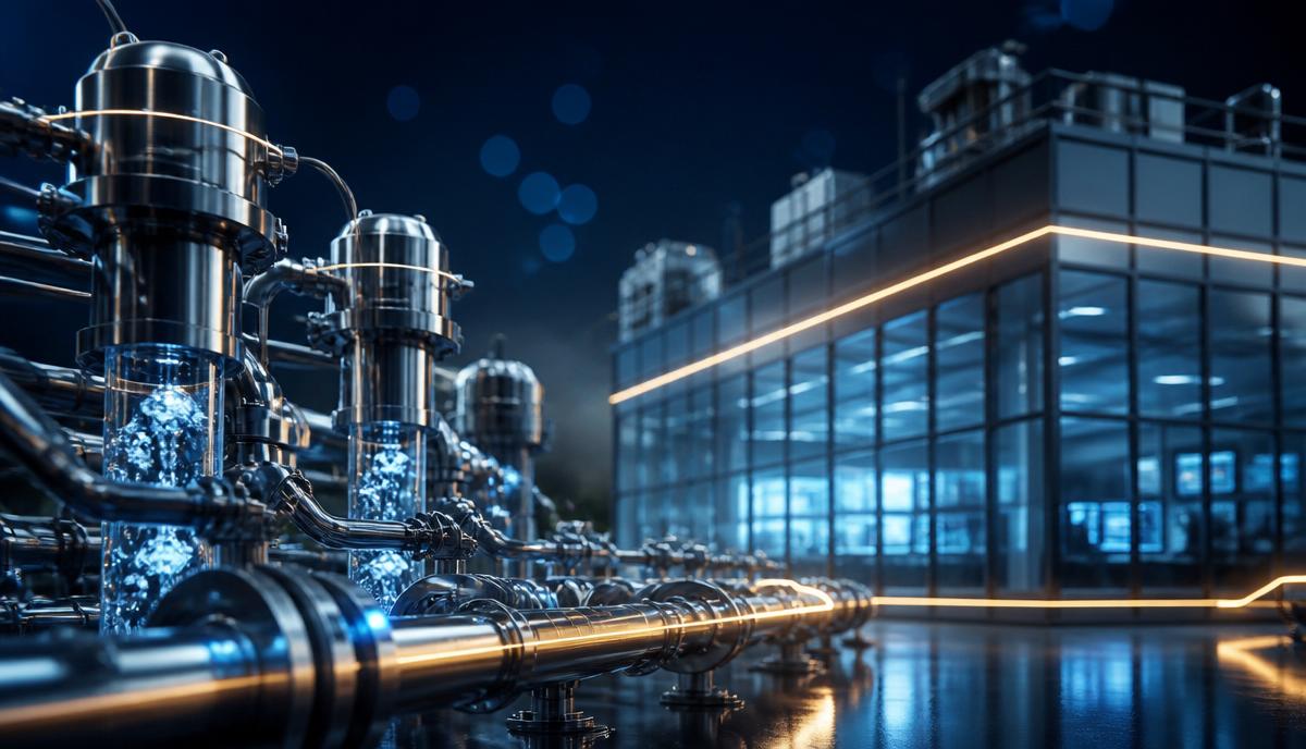 Modern commercial water infrastructure with stainless steel pipes and filtration vessels carrying crystal-clear water, illuminated by blue indicators and a subtle gold accent line, set against a deep navy backdrop with a glass-fronted operations facility.