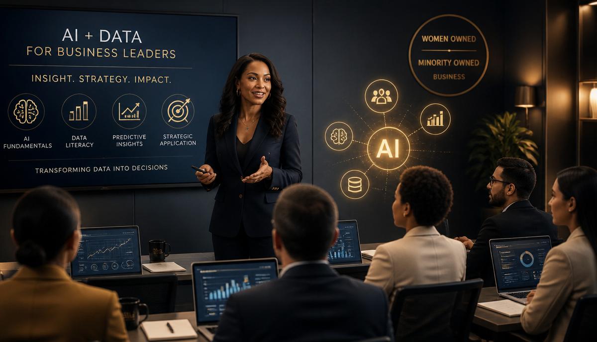 Female executive instructor leading an AI and data literacy course for diverse professionals at laptops, with a Women-Owned and Minority-Owned Business badge on the wall under warm gold light against a deep navy backdrop.