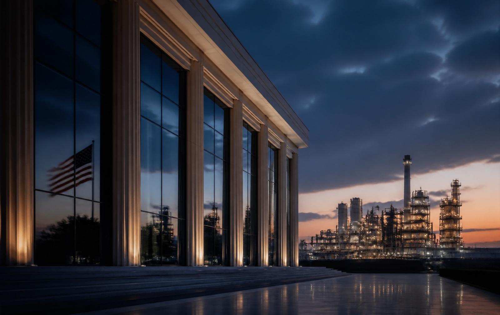 Institutional building at dusk with adjacent industrial manufacturing facility — representing government and defense supply-chain facilitation.