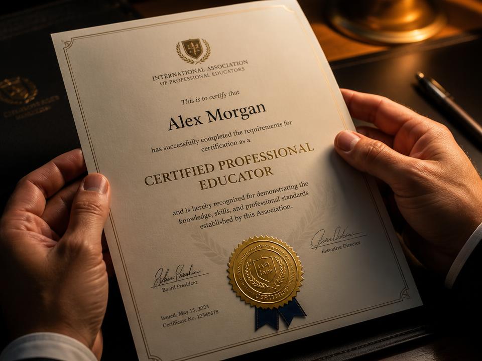Completed professional certification credential with embossed seal