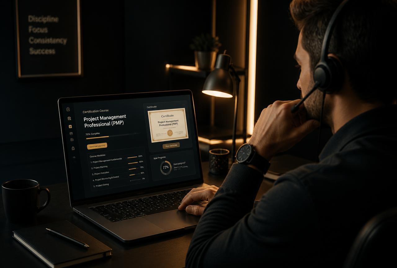 Learner completing an online certification course on a laptop