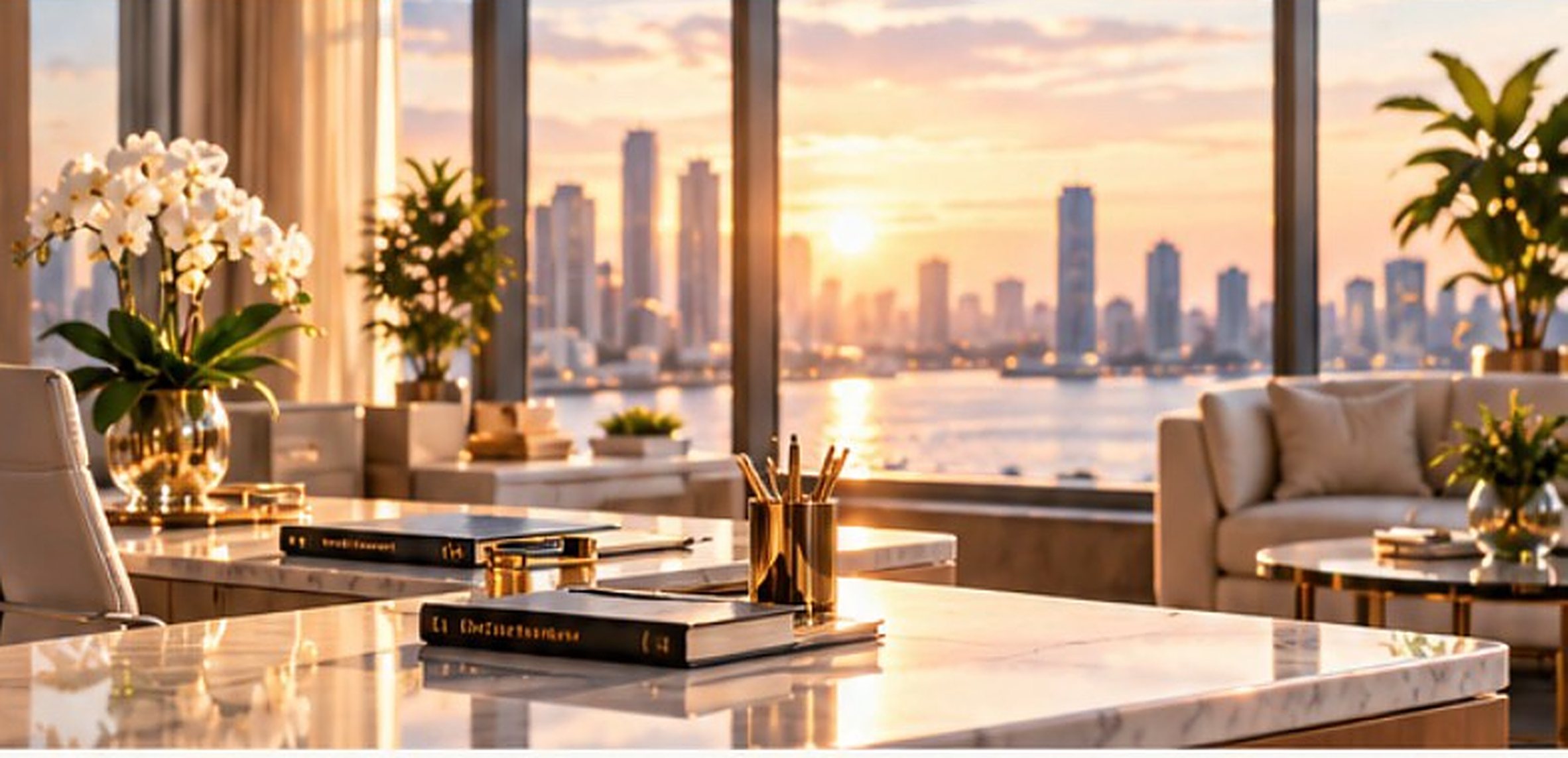 A bright executive office with floor to ceiling windows, a marble desk, and a waterfront skyline at sunset