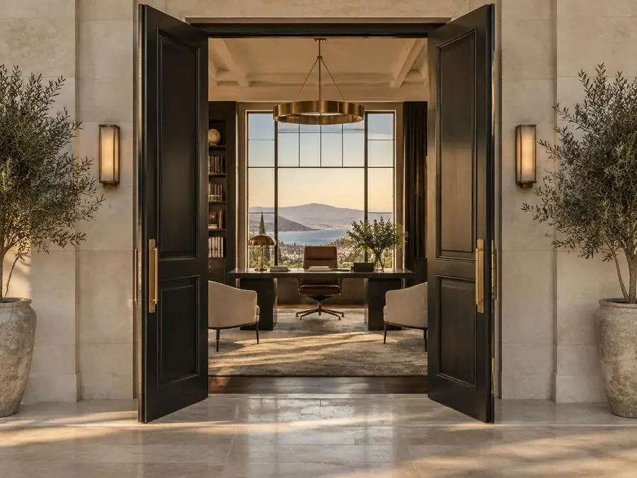 Open doors leading into a private office