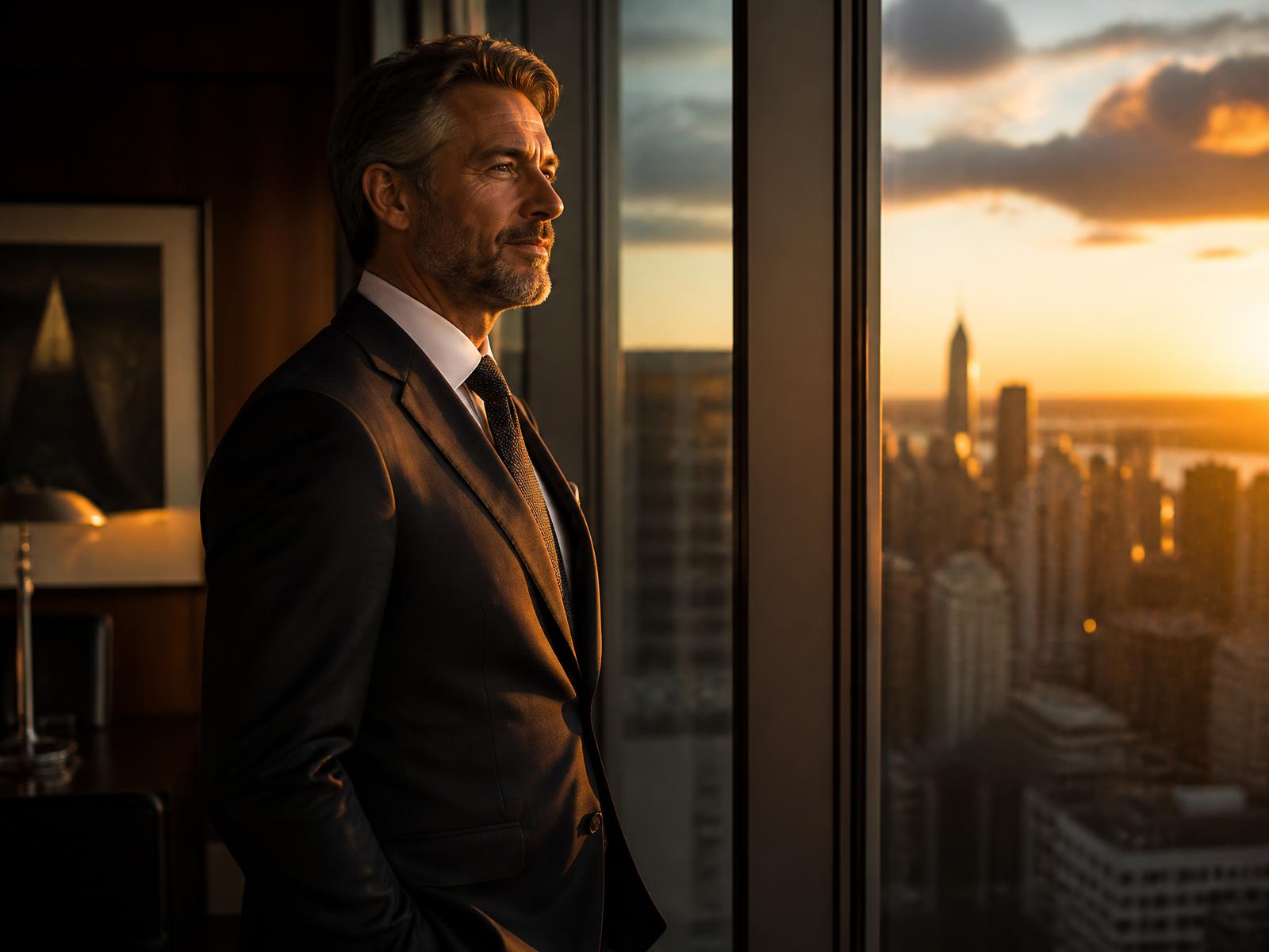A principal standing at the window of a private high-rise office at golden hour