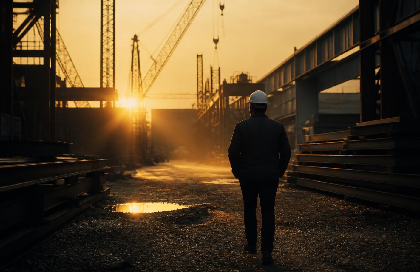 Executive walking through a steel fabrication yard at sunrise