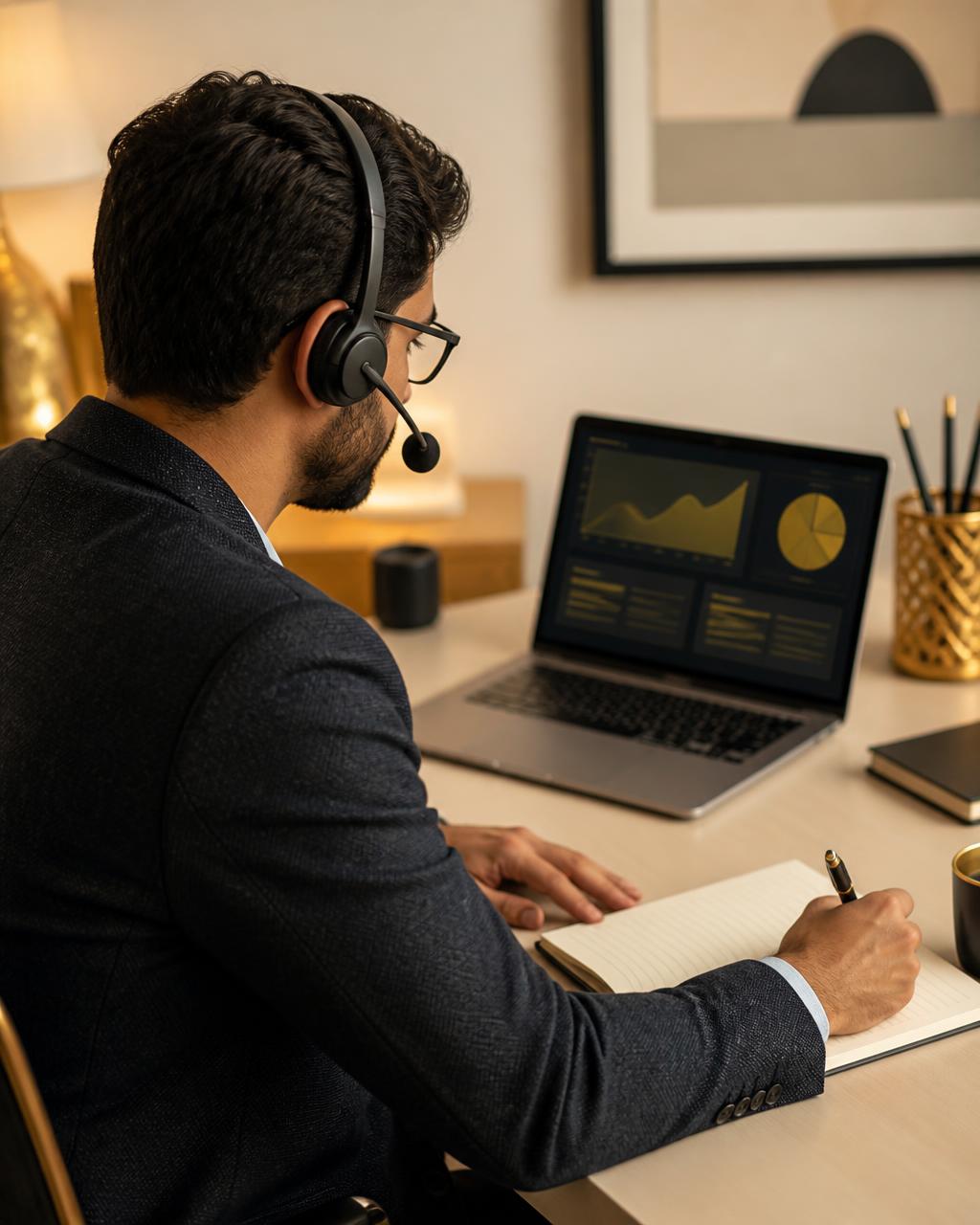 Single learner with a headset completing an online certification course